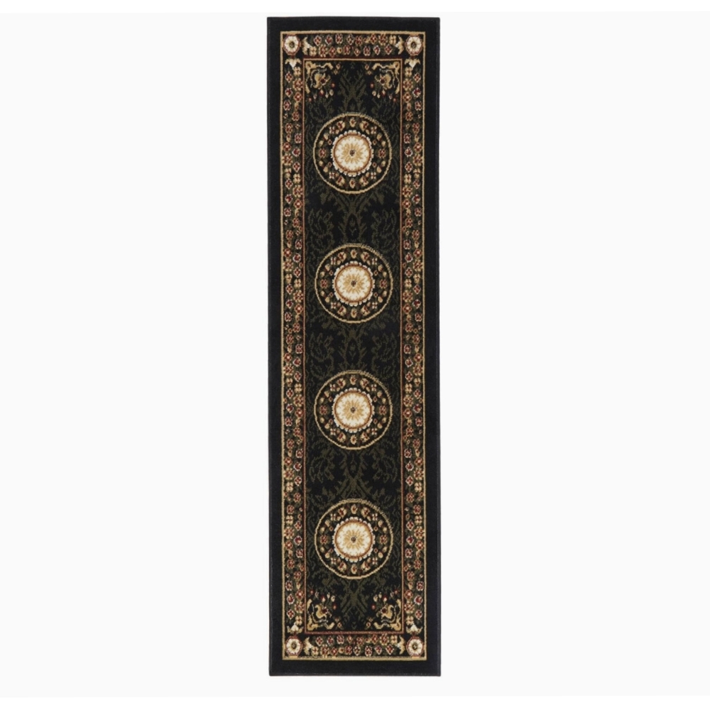 Optimum Athens NWT 1'9"x7'2" Floral Medallion Rug Runner In Black & Tan